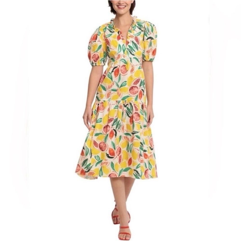Donna Morgan Midi Dress Citrus Print Tiered Square Neck Cotton Yellow Red Size 6